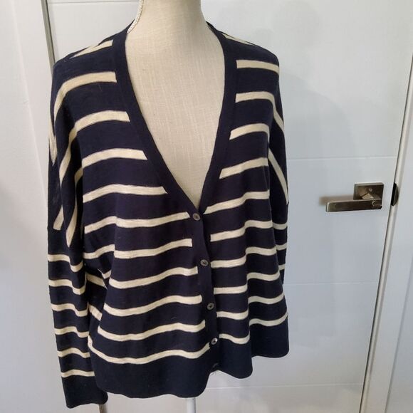 Vince Navy Blue Ivory Stripes Boxy Cardigan Size M - Picture 1 of 12